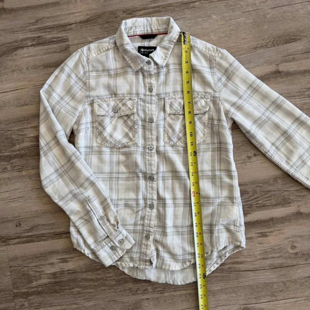 Marmot Womens XS Cream Gray Plaid Flannel Button Down Shirt Pockets Excellent - Picture 7 of 11
